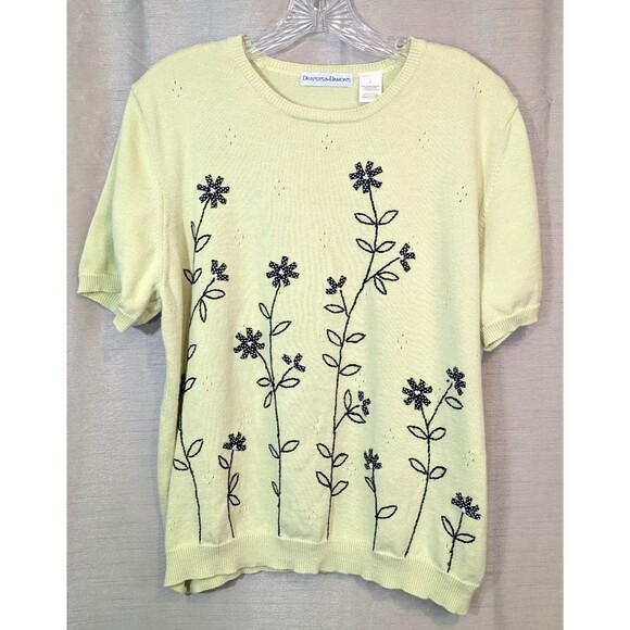 Drapers & Damons Women Size LARGE Sweater Short Sleeves Lt Green & Black Floral - Picture 1 of 16
